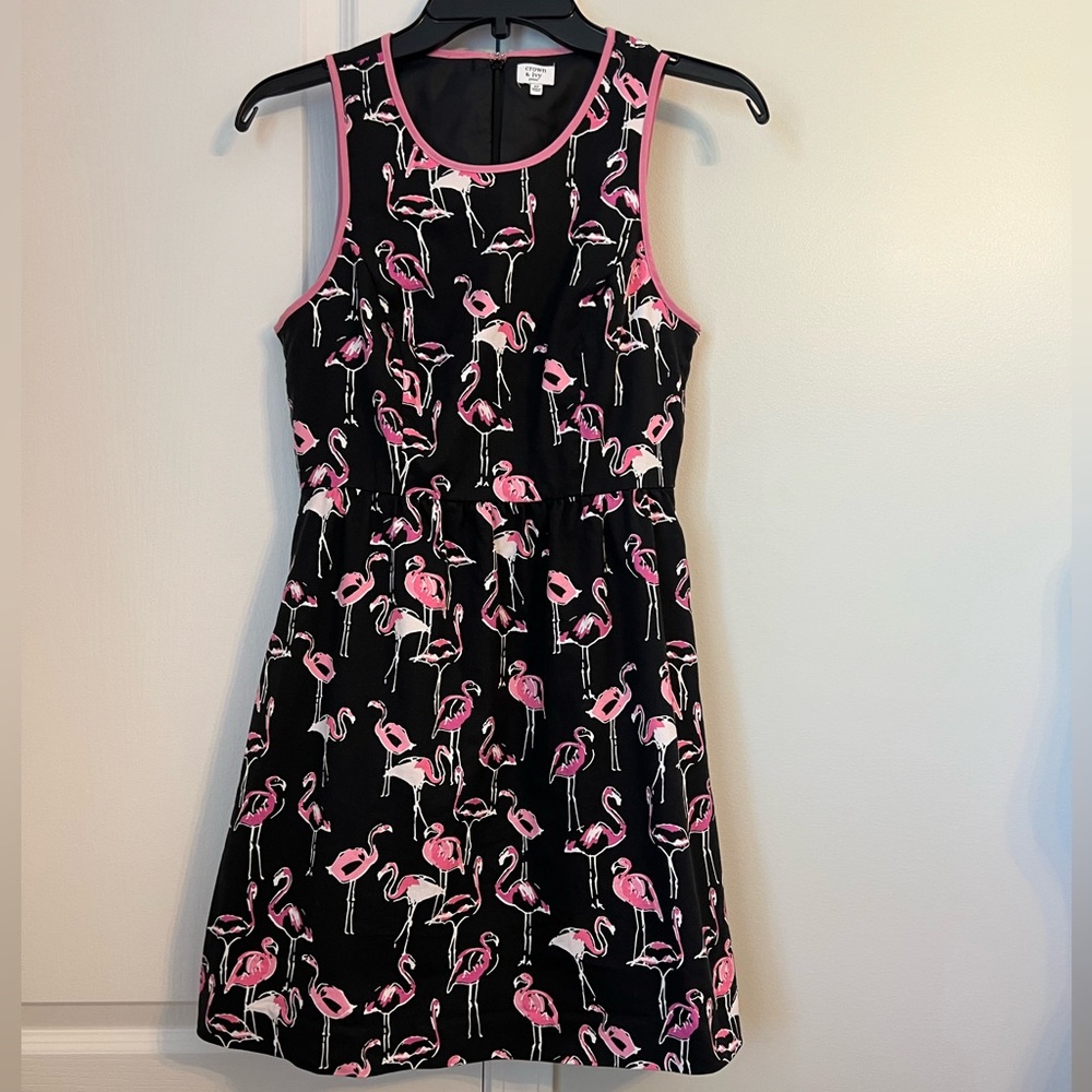 Crown & Ivy Petites Black Dress with Flamingos Size 4P Black & Pinks